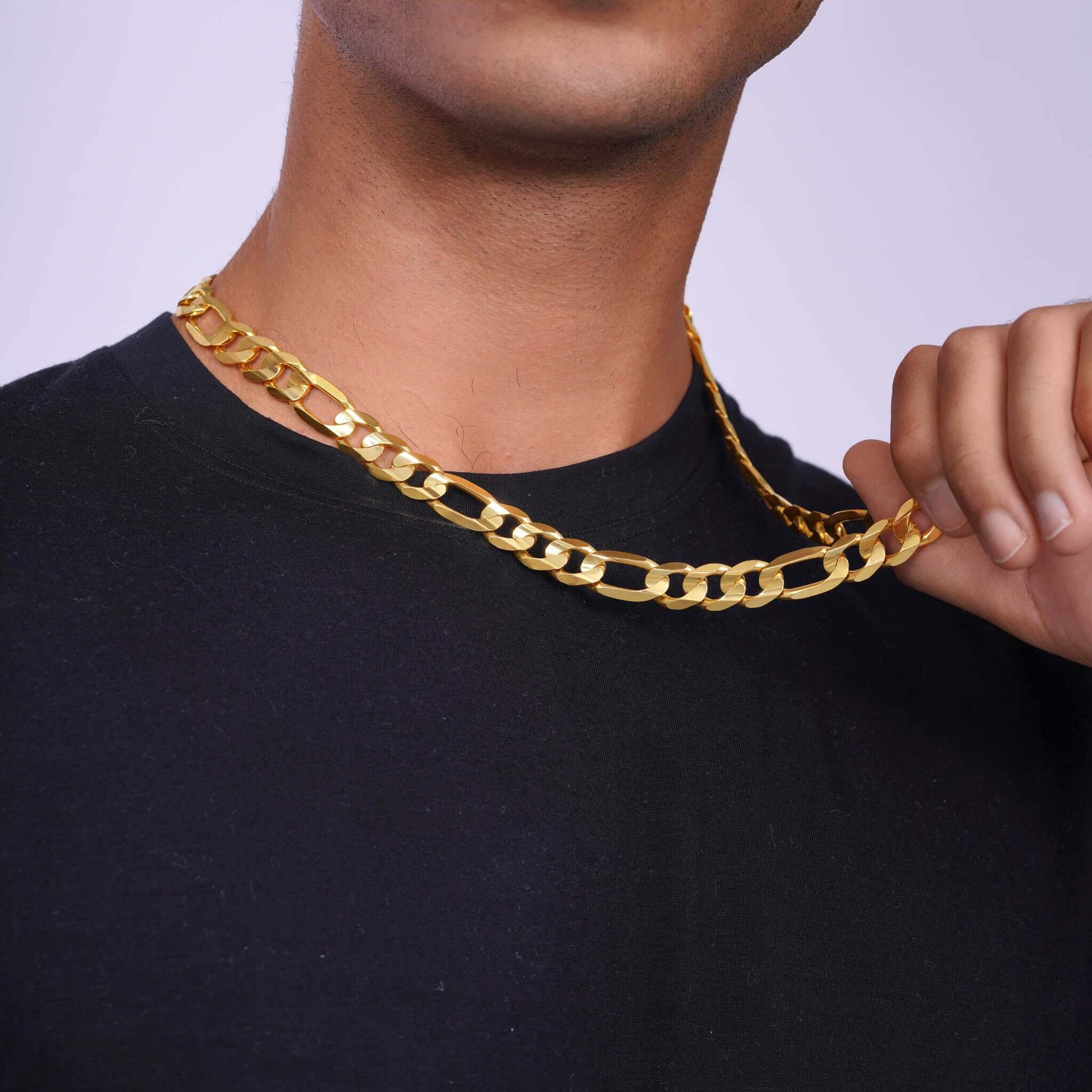 Men's Figaro Vermeil Gold Chain displayed on model, showcasing elegant link design and luxurious gold finish.