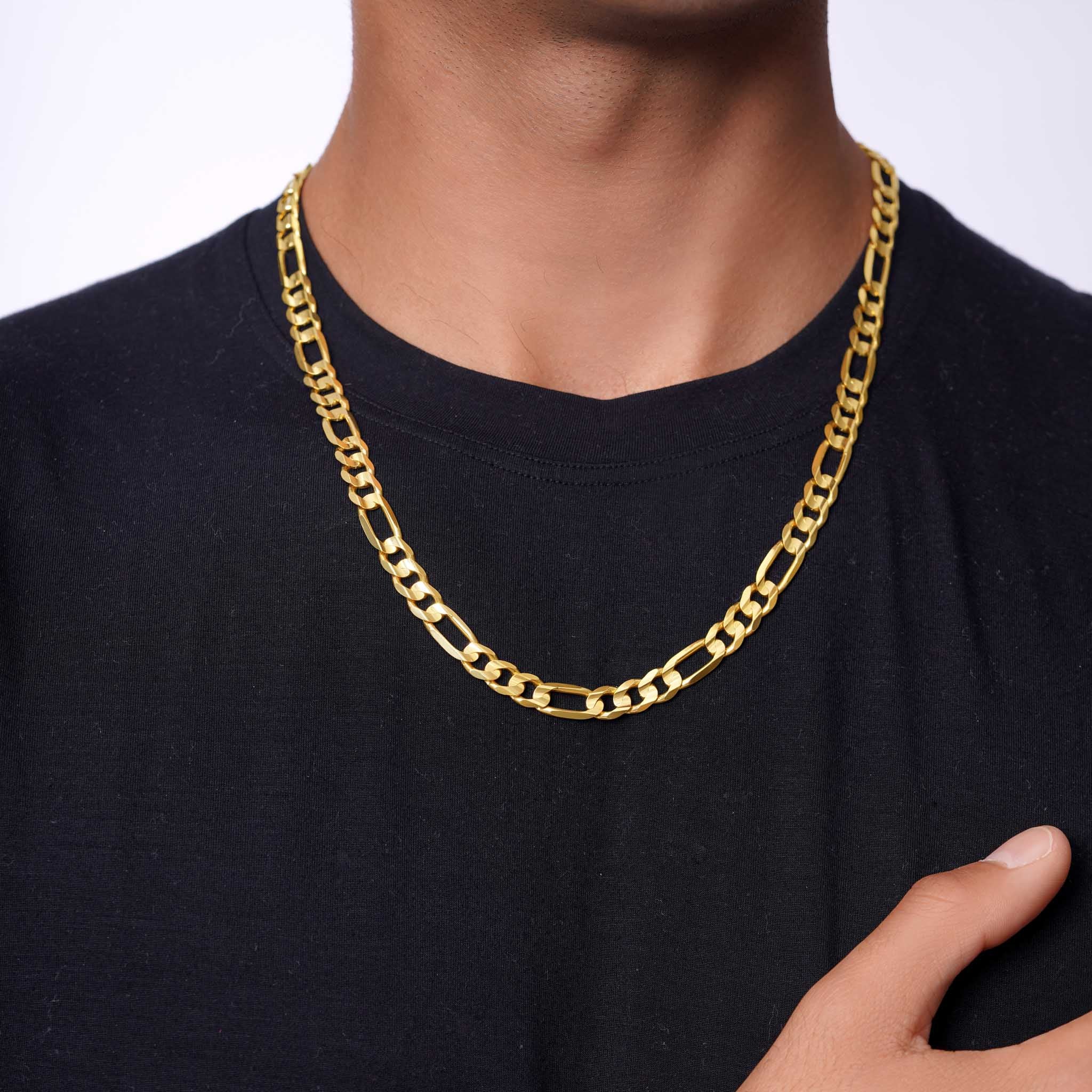 Men's Figaro Vermeil Gold Chain displayed on a model, showcasing elegant design and quality craftsmanship.