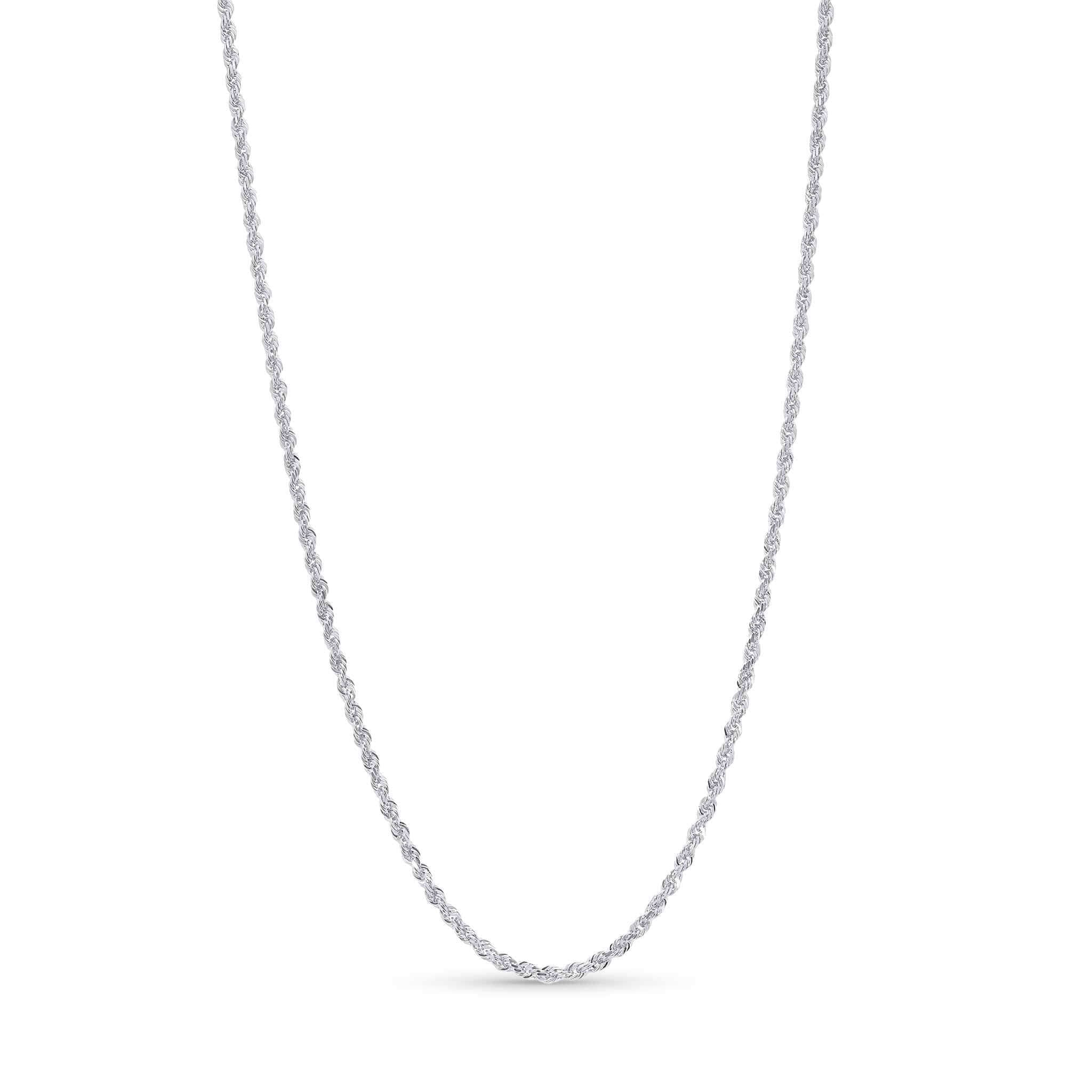 Sterling Silver Rope Chain Necklace showcasing tightly twisted links with a polished, light-catching finish.