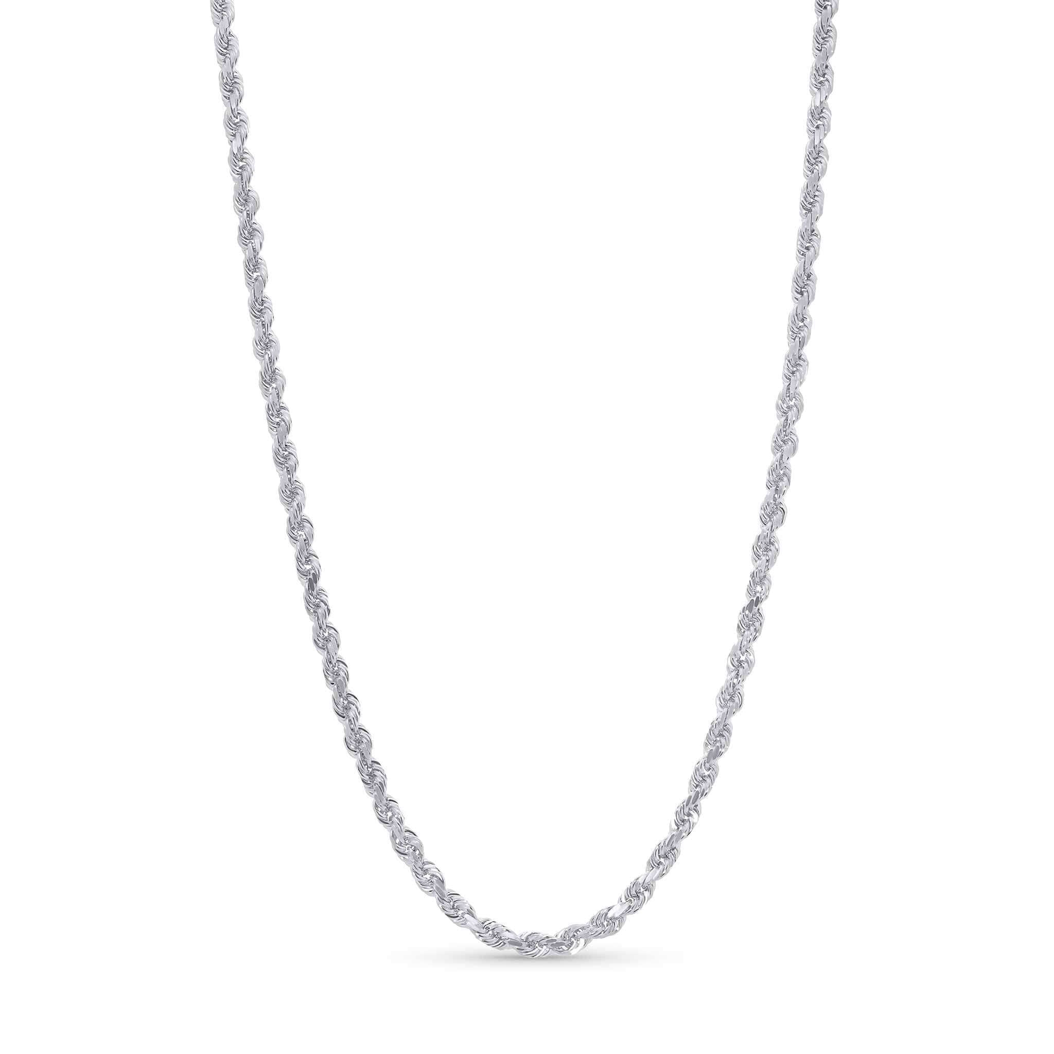 Sterling Silver Rope Chain Necklace featuring twisted links for a textured, shiny finish.