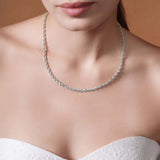 Sterling Silver Rope Chain Necklace worn by a model, showcasing its texture and shine.