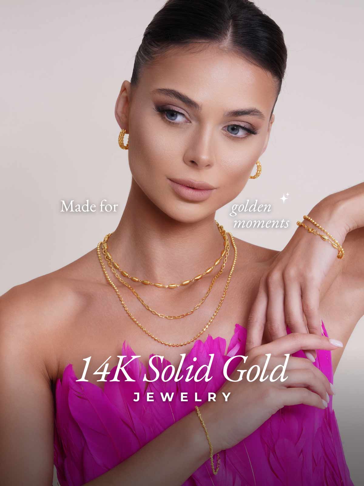 Two women wearing gold jewelry with text about 14K solid gold jewelry.