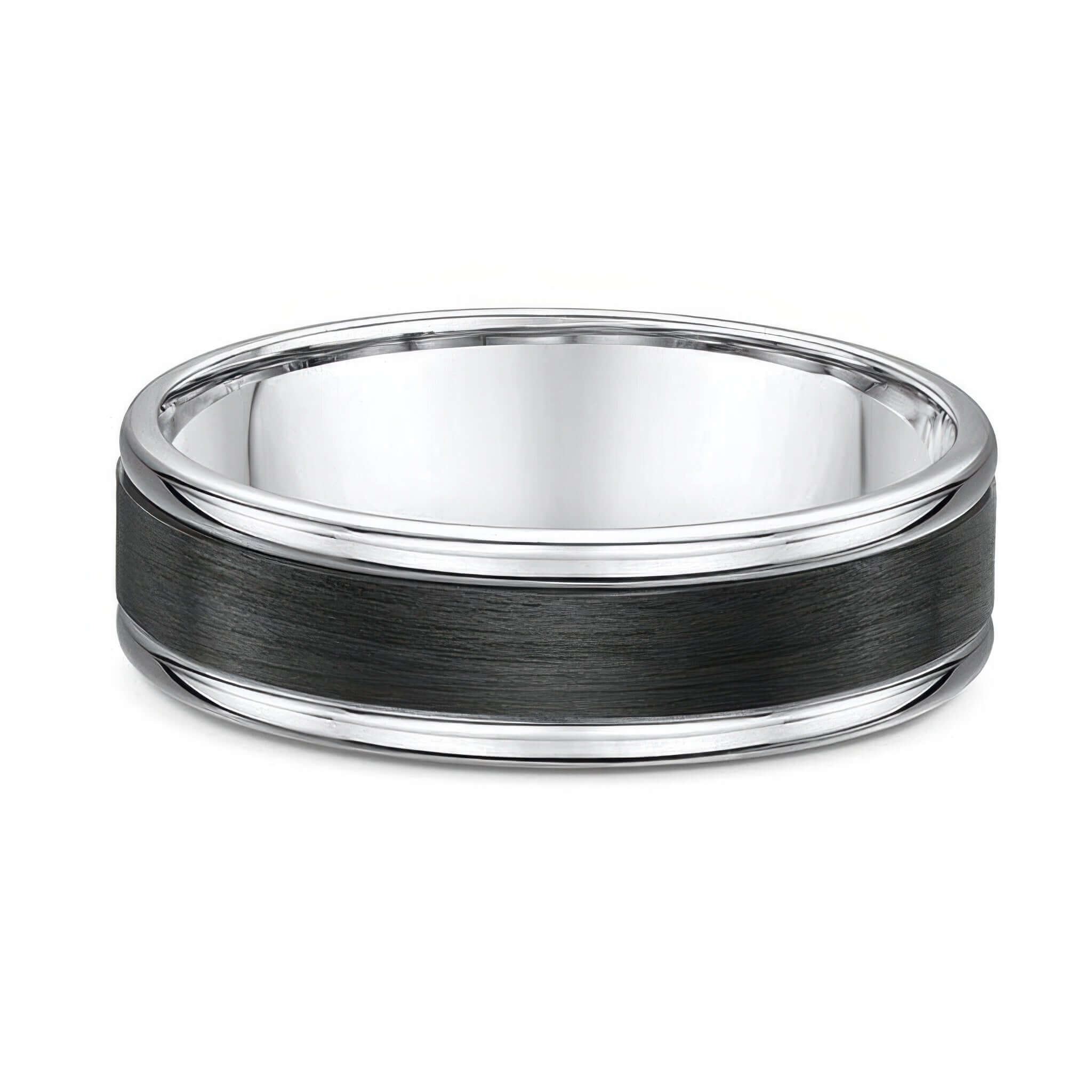 Men's modern wedding band in white gold with carbon fiber trim, elegant and unique design.