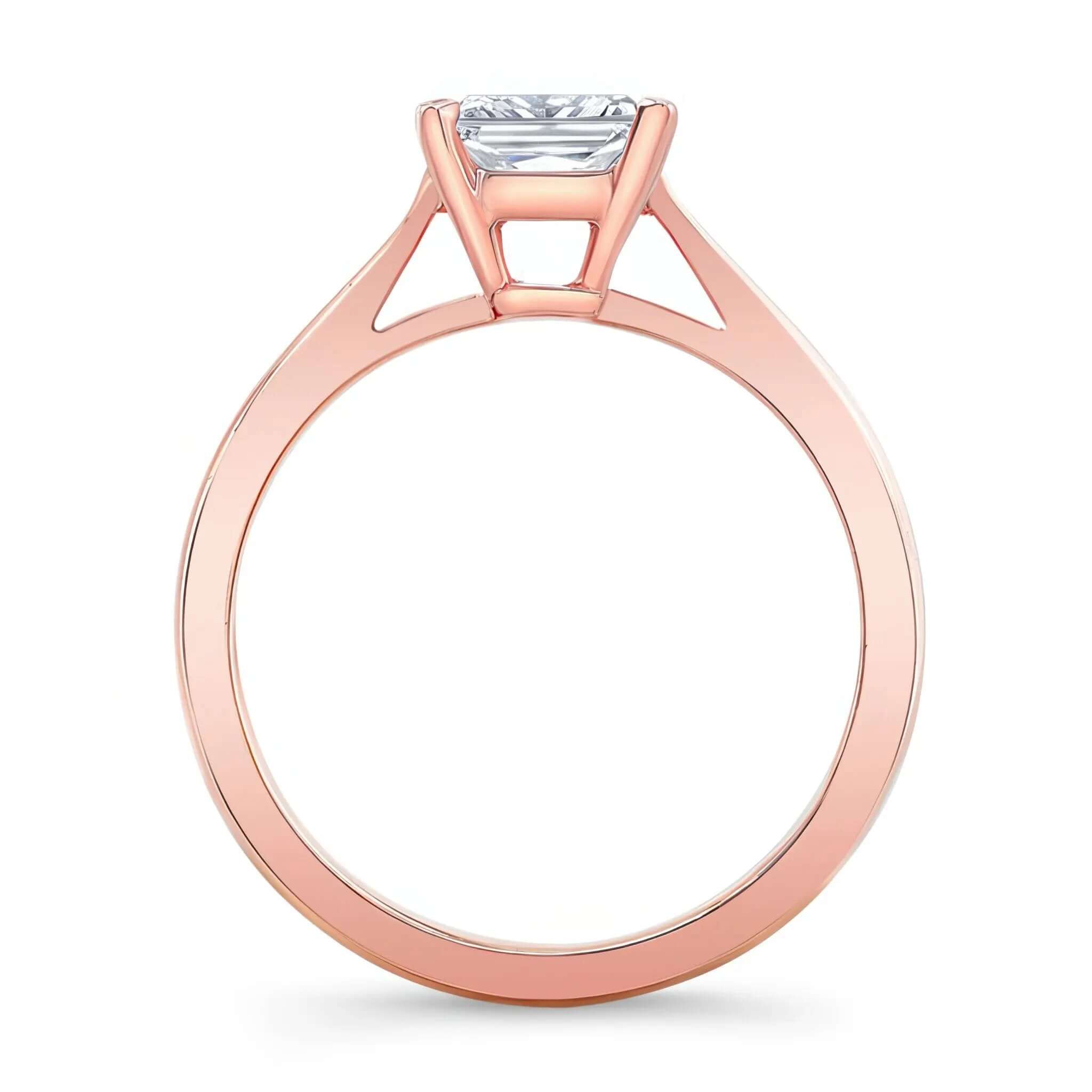 Princess cut lab grown diamond solitaire ring with rose gold prongs, showcasing a timeless and elegant design.
