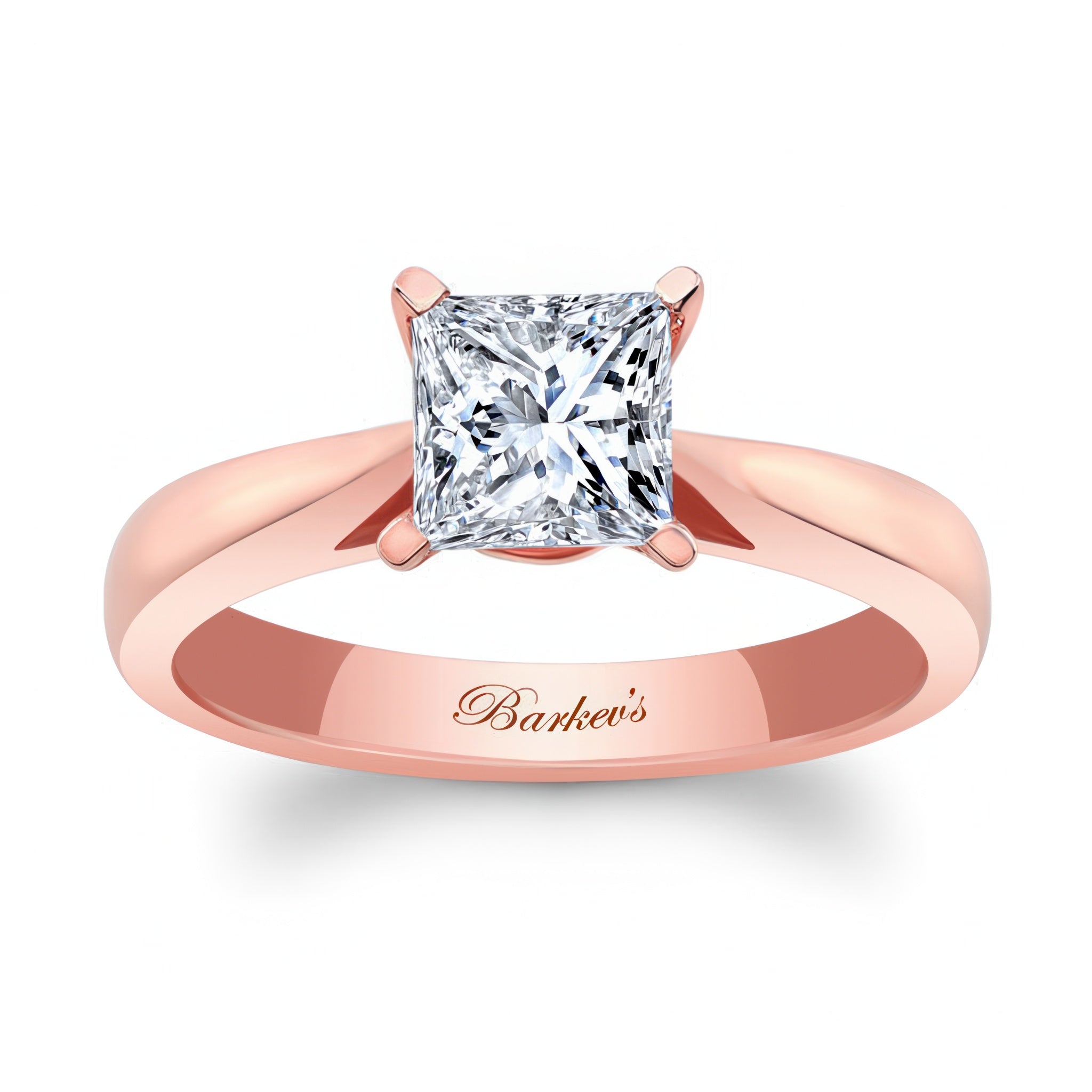 Princess cut lab grown diamond solitaire ring in rose gold with elegant prongs framing the sparkling center diamond.