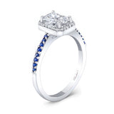 1 Carat Round Diamond Halo Engagement Ring With Blue Sapphires