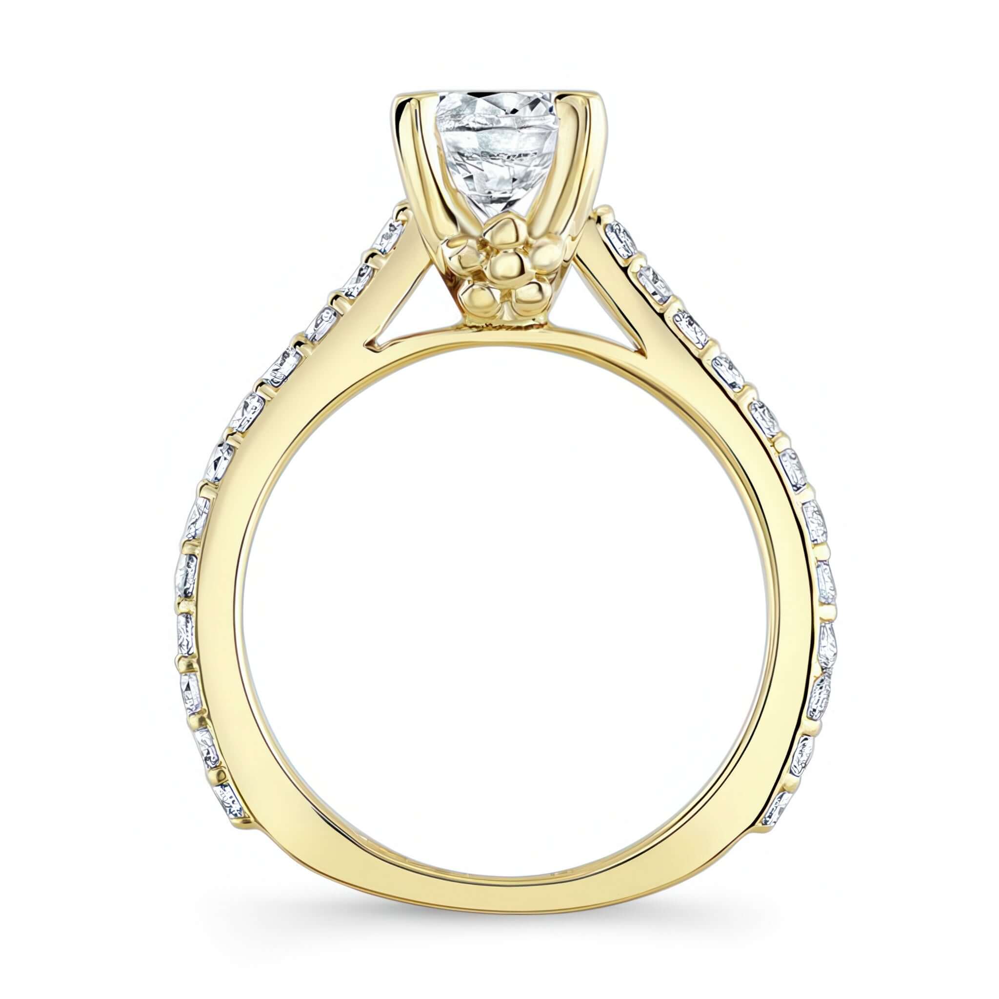 Simple Flower Ring featuring a round center and diamond accents with floral details on the band.
