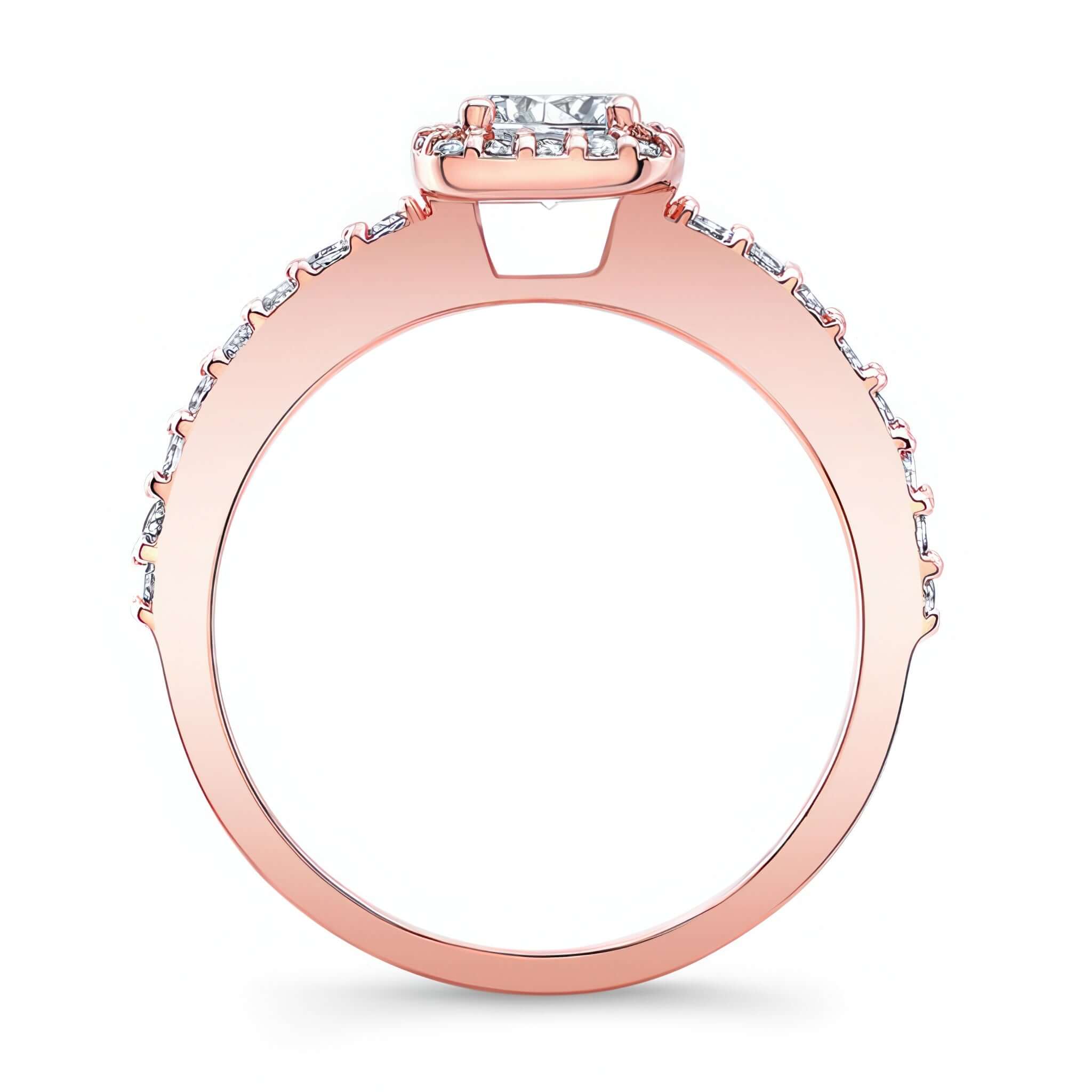 Half Carat Moissanite Halo Ring showcasing a slender band and cushion halo detail.