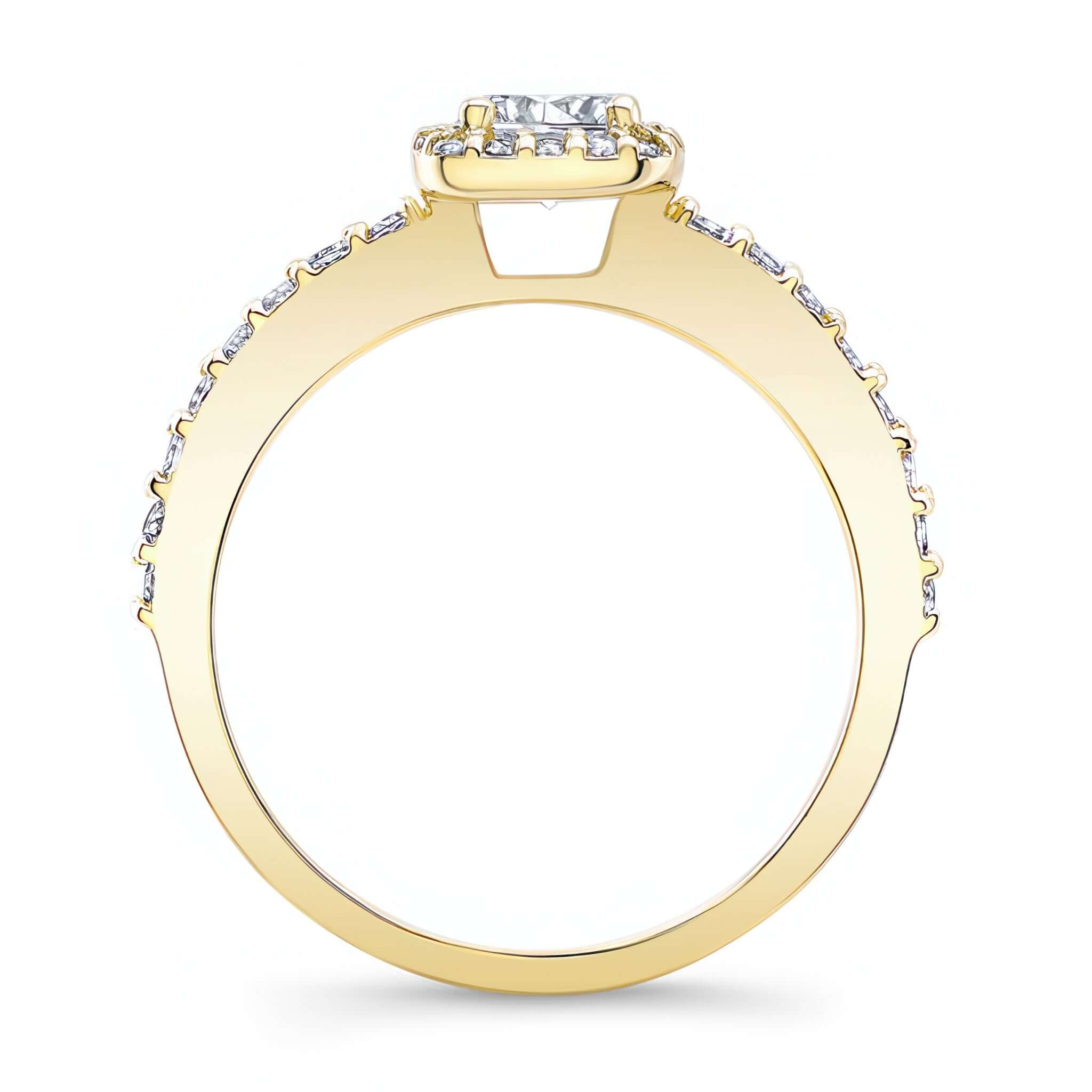 Half Carat Moissanite Halo Ring showing the round center and pave set diamonds on the band.