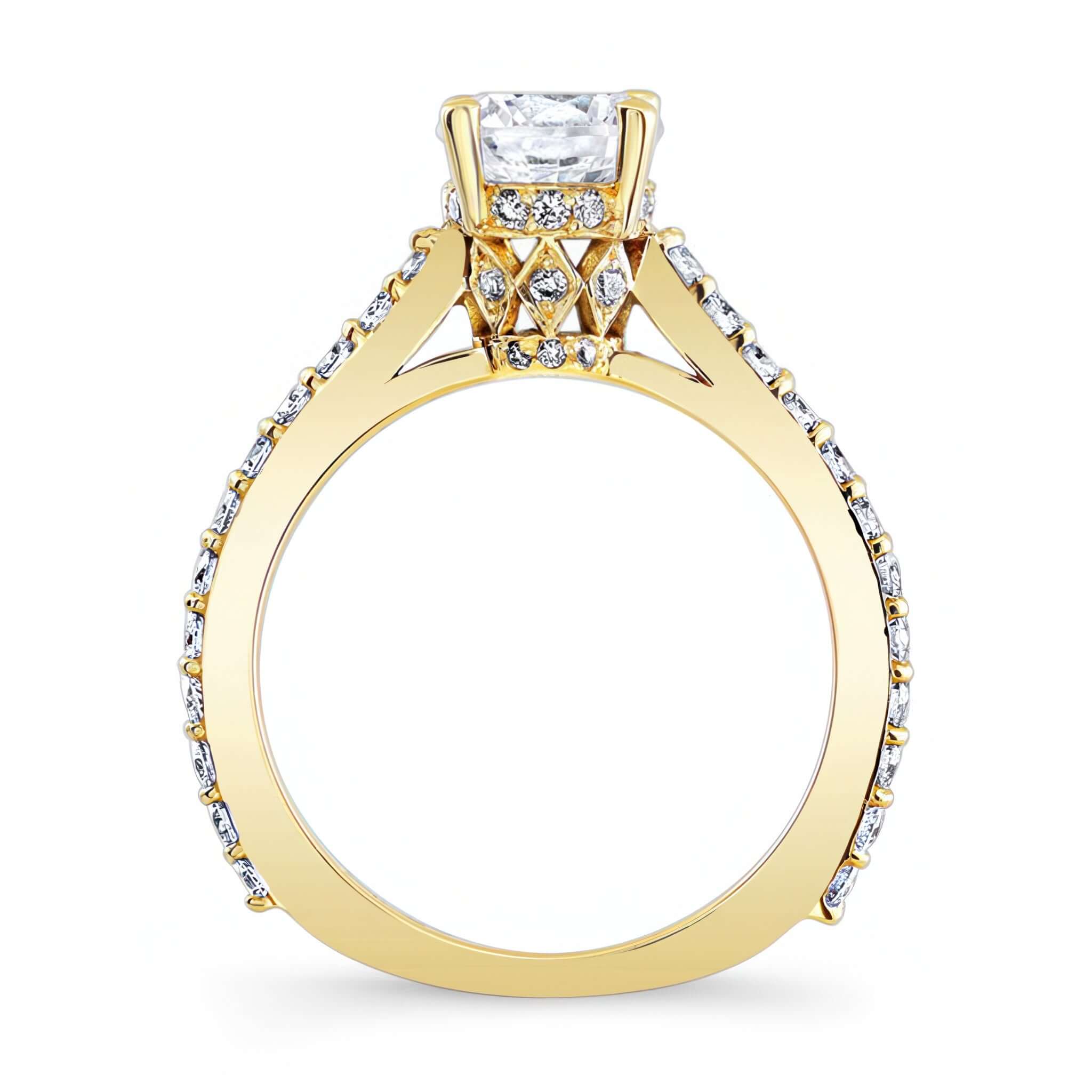 Traditional Diamond Ring Set featuring a prong set round center and shared prong set diamonds on shoulders