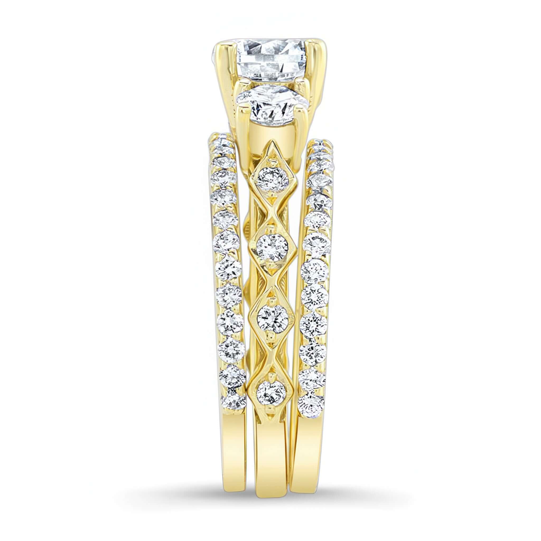Vintage 3 Stone Moissanite Ring Set With 2 Bands