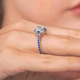 Halo Cushion Cut Blue Sapphire Accent Ring