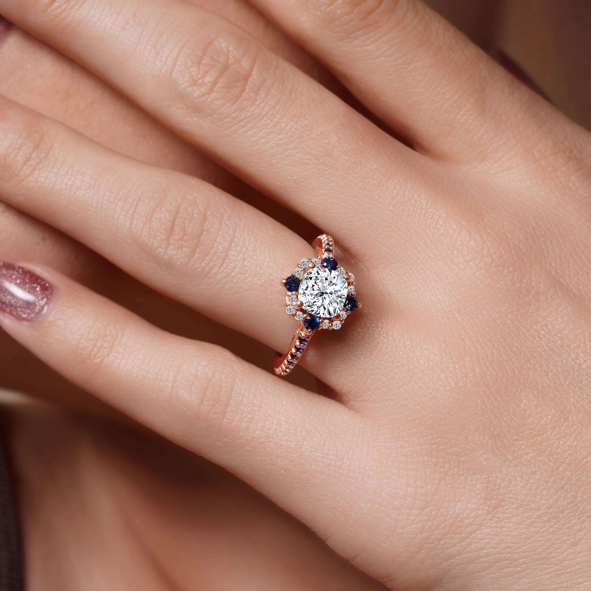 Halo Cushion Cut Blue Sapphire Accent Ring