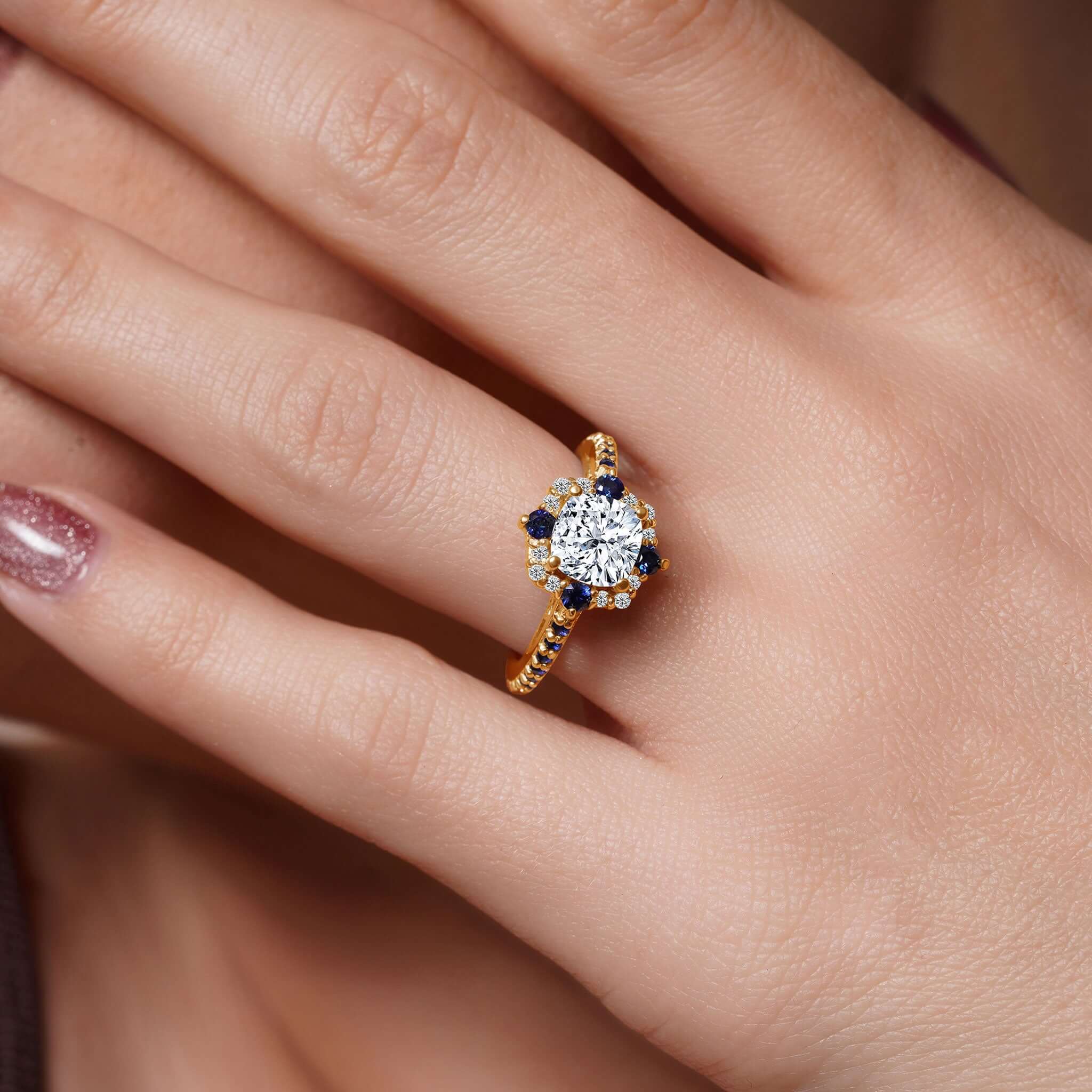 Halo Cushion Cut Moissanite Ring With Blue Sapphires