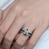 Halo Cushion Cut Black Diamond Accent wedding Ring Set With 2 Bands