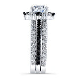Halo Cushion Cut Black Diamond Accent wedding Ring Set With 2 Bands