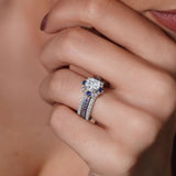 Halo Cushion Cut Blue Sapphire Accent wedding Ring Set With 2 Bands