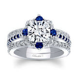 Halo Cushion Cut Blue Sapphire Accent wedding Ring Set With 2 Bands