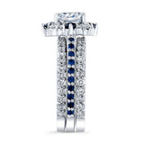 Halo Cushion Cut Blue Sapphire Accent wedding Ring Set With 2 Bands