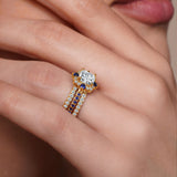 Halo Cushion Cut Blue Sapphire Accent wedding Ring Set With 2 Bands