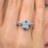Halo Cushion Cut Blue Sapphire Accent wedding Ring Set