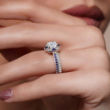 Halo Cushion Cut Blue Sapphire Accent wedding Ring Set
