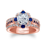 Halo Cushion Cut Blue Sapphire Accent wedding Ring Set With 2 Bands