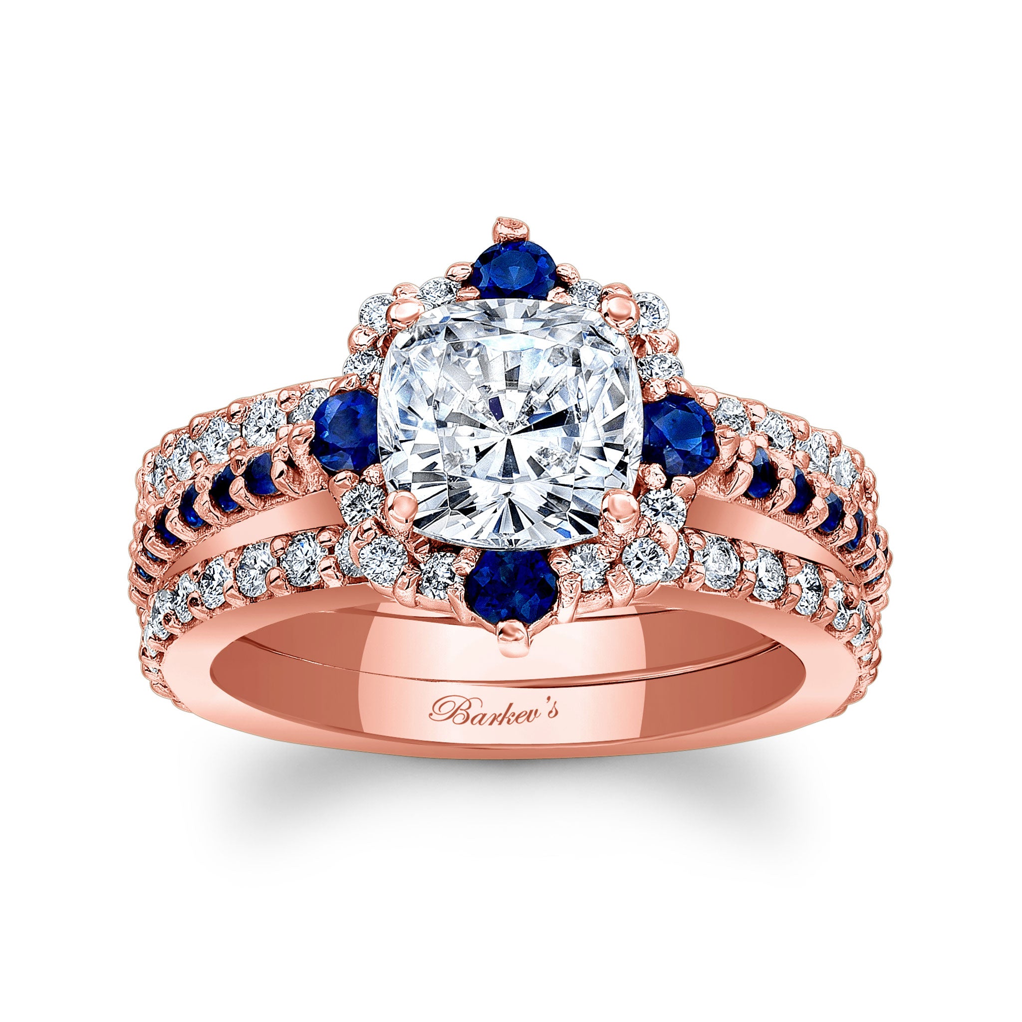 Halo Cushion Cut Blue Sapphire Accent wedding Ring Set With 2 Bands