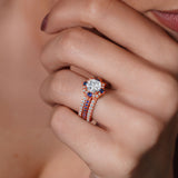 Halo Cushion Cut Blue Sapphire Accent wedding Ring Set With 2 Bands