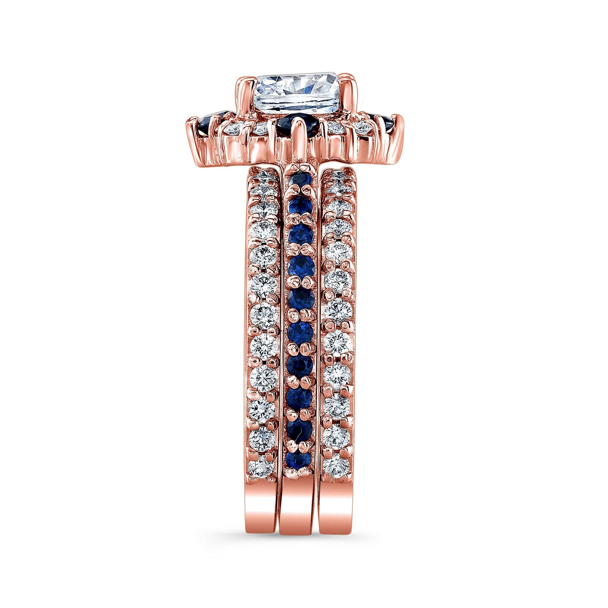 Halo Cushion Cut Blue Sapphire Accent wedding Ring Set With 2 Bands