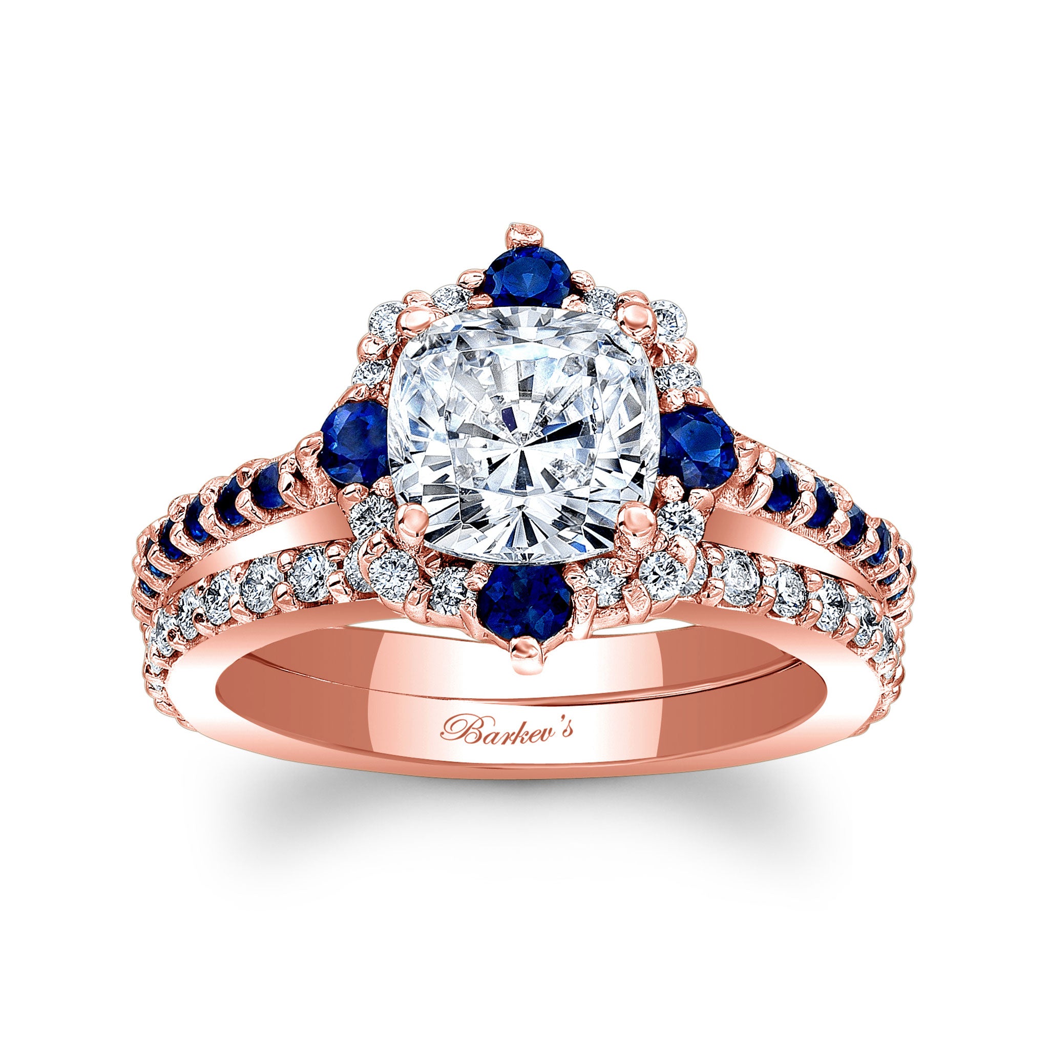 Halo Cushion Cut Blue Sapphire Accent wedding Ring Set