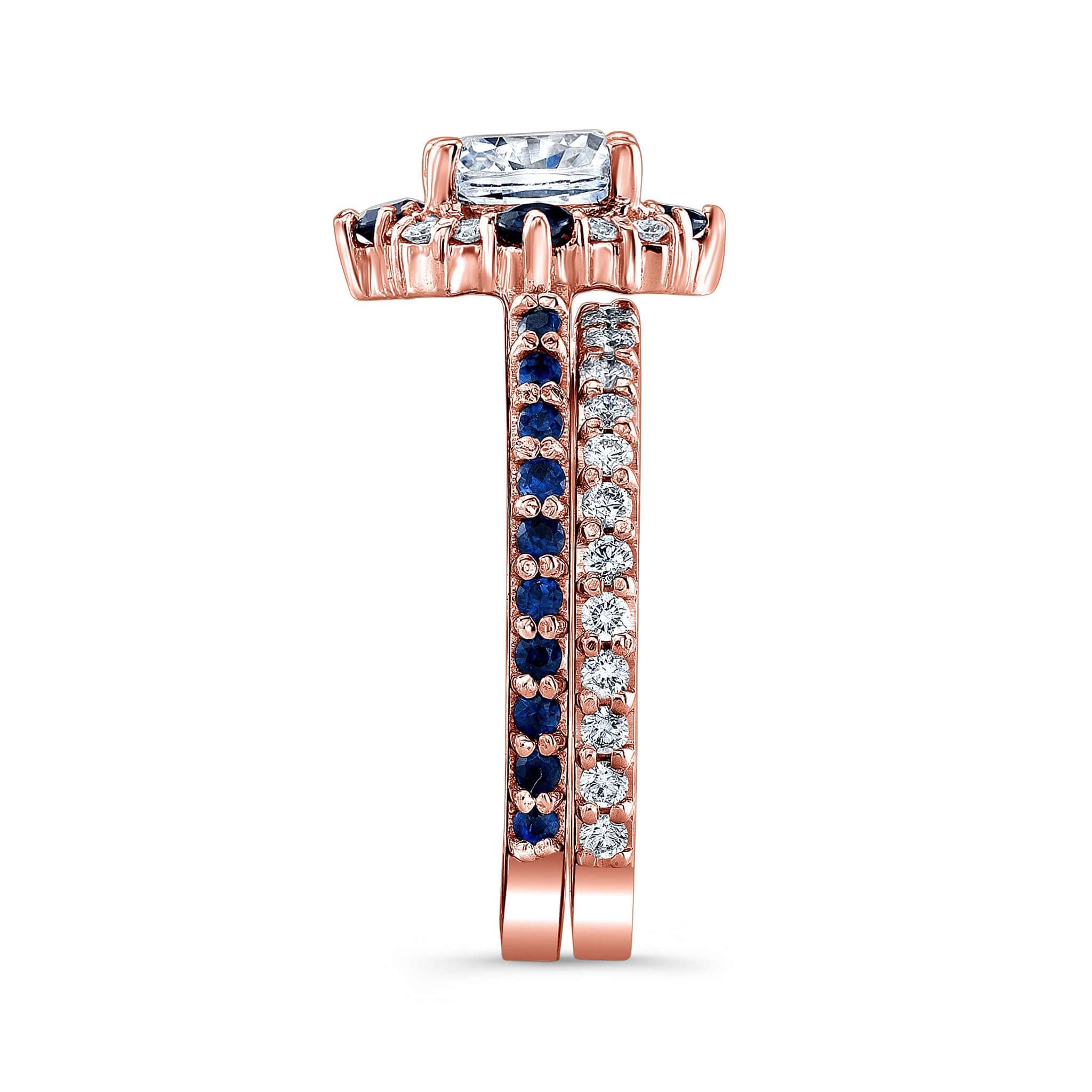 Halo Cushion Cut Blue Sapphire Accent wedding Ring Set