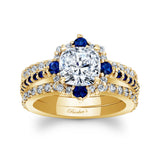 Halo Cushion Cut Blue Sapphire Accent wedding Ring Set With 2 Bands