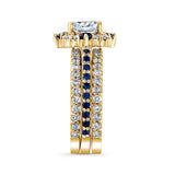 Halo Cushion Cut Blue Sapphire Accent wedding Ring Set With 2 Bands