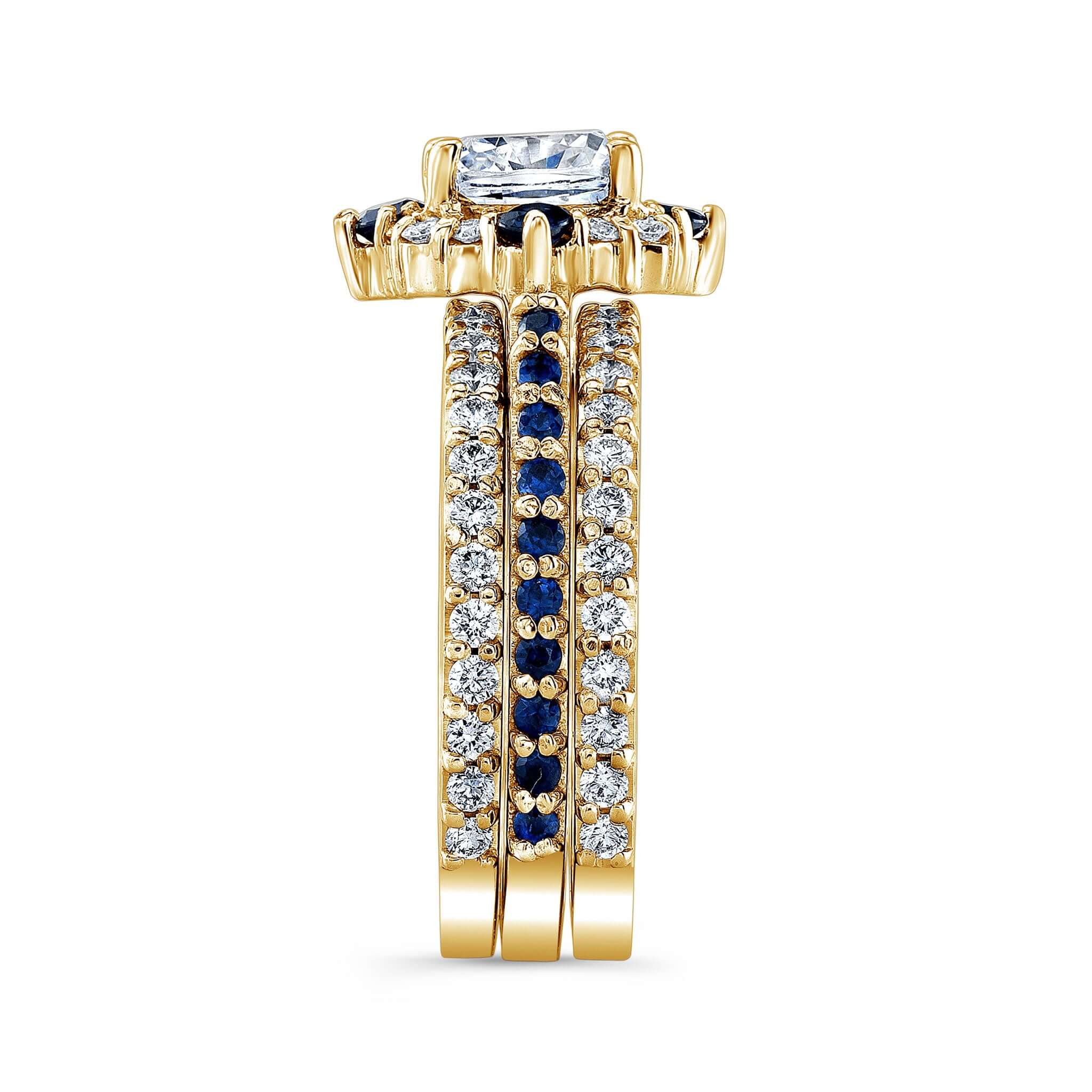Halo Cushion Cut Moissanite Wedding Ring Set With 2 Bands And Blue Sapphires