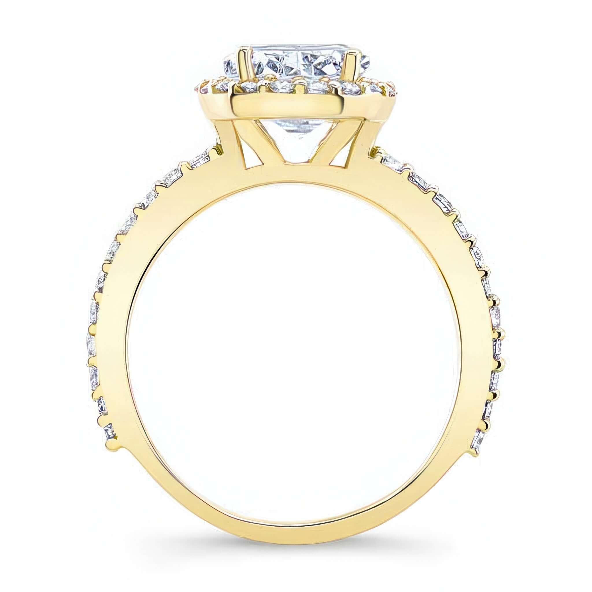 2 Carat Oval Lab Diamond Halo Engagement Ring displayed from the side showcasing the elegant shared prong setting.