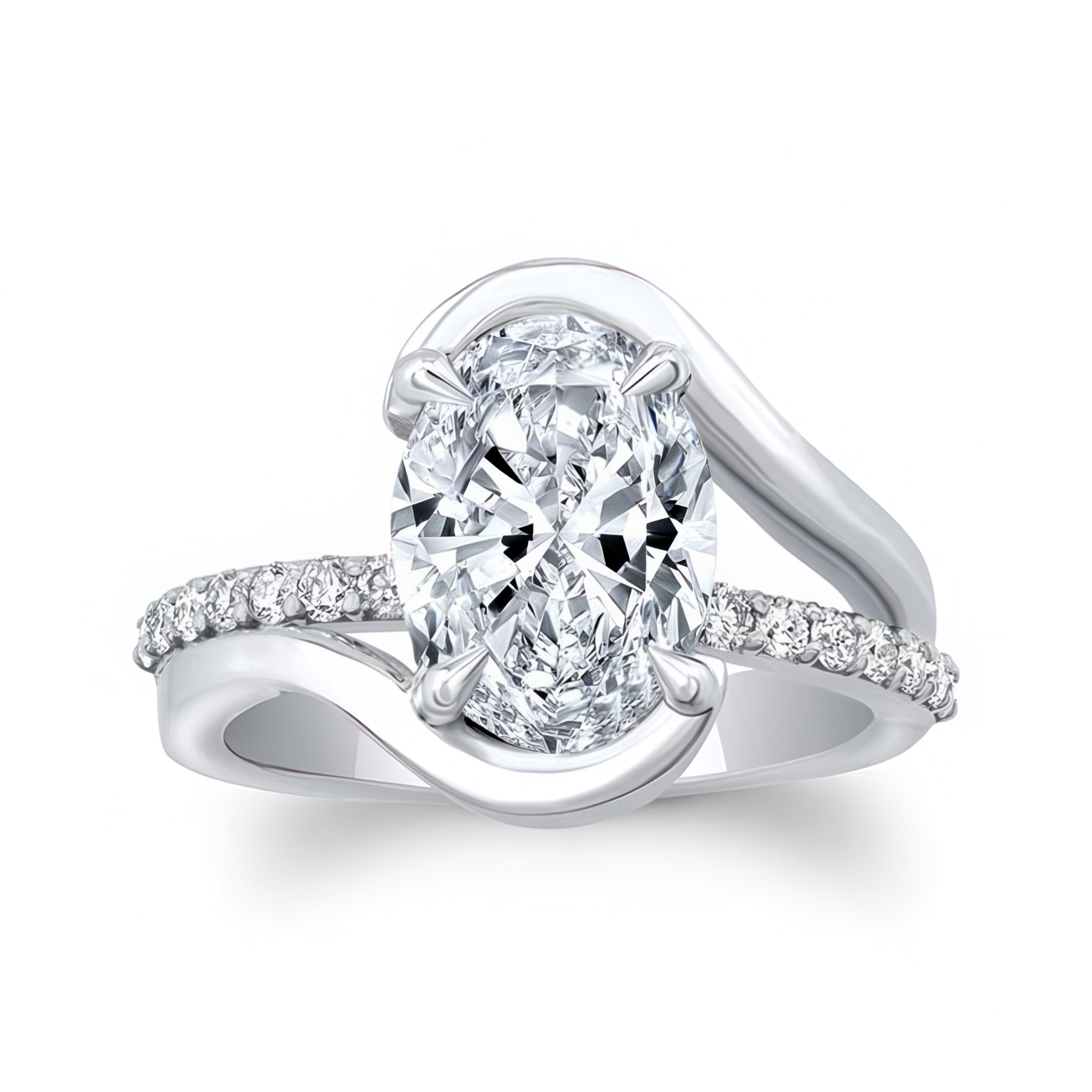 Diamond ring with a large central gemstone and smaller stones on the band against a white background