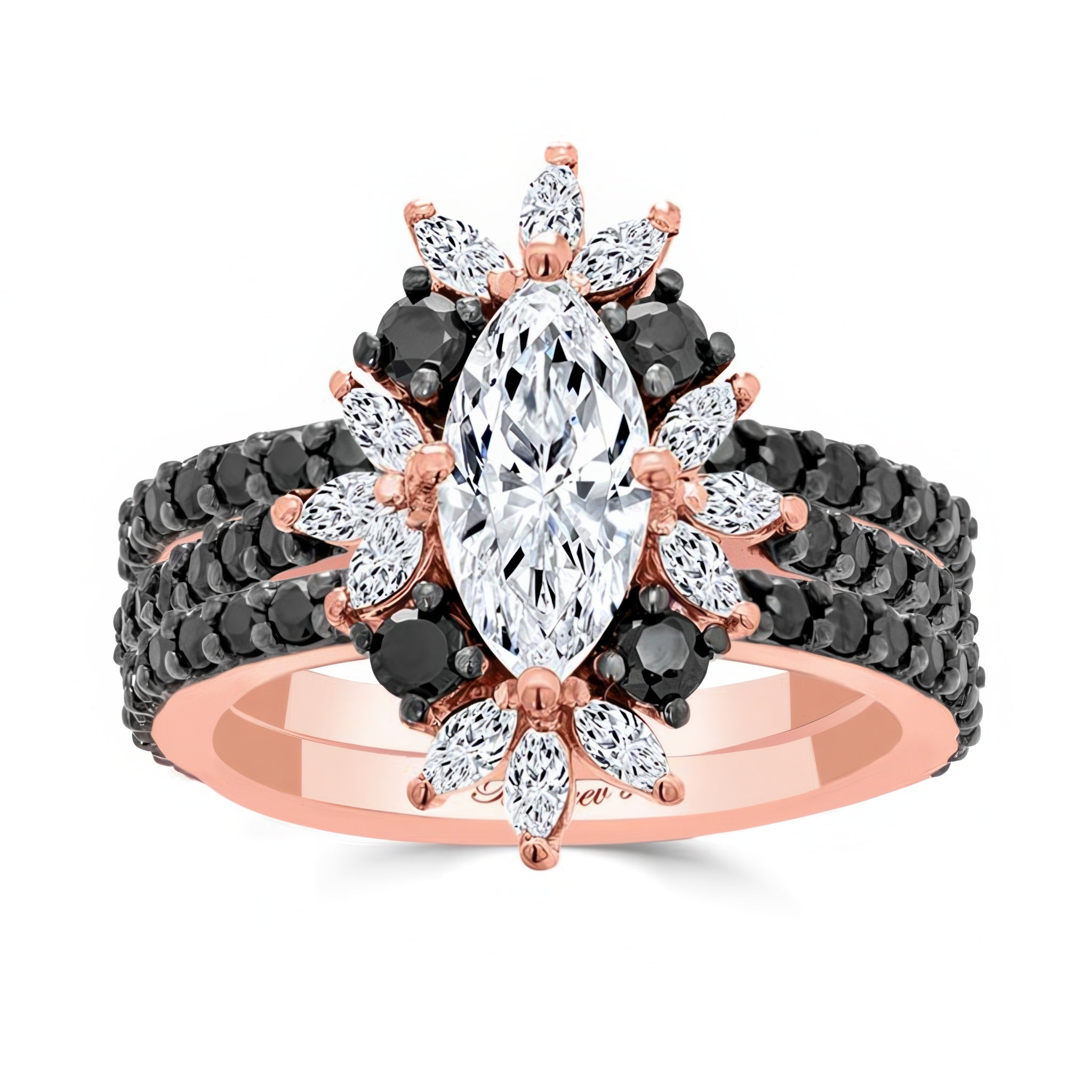 Marquise Moissanite Wedding Set With Black DIamonds And 2 Bands