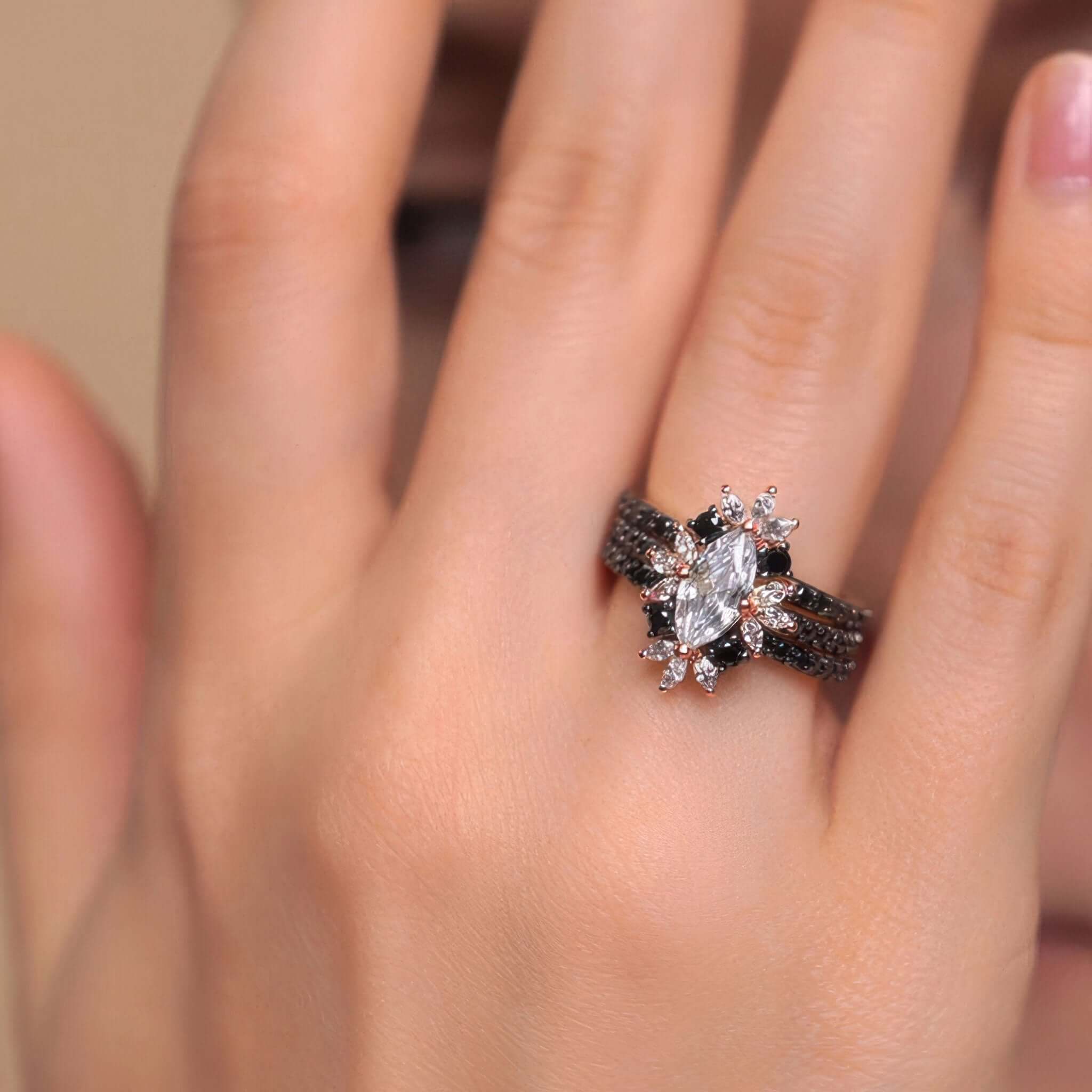 Marquise Black Diamond Accent Wedding Set With 2 Bands