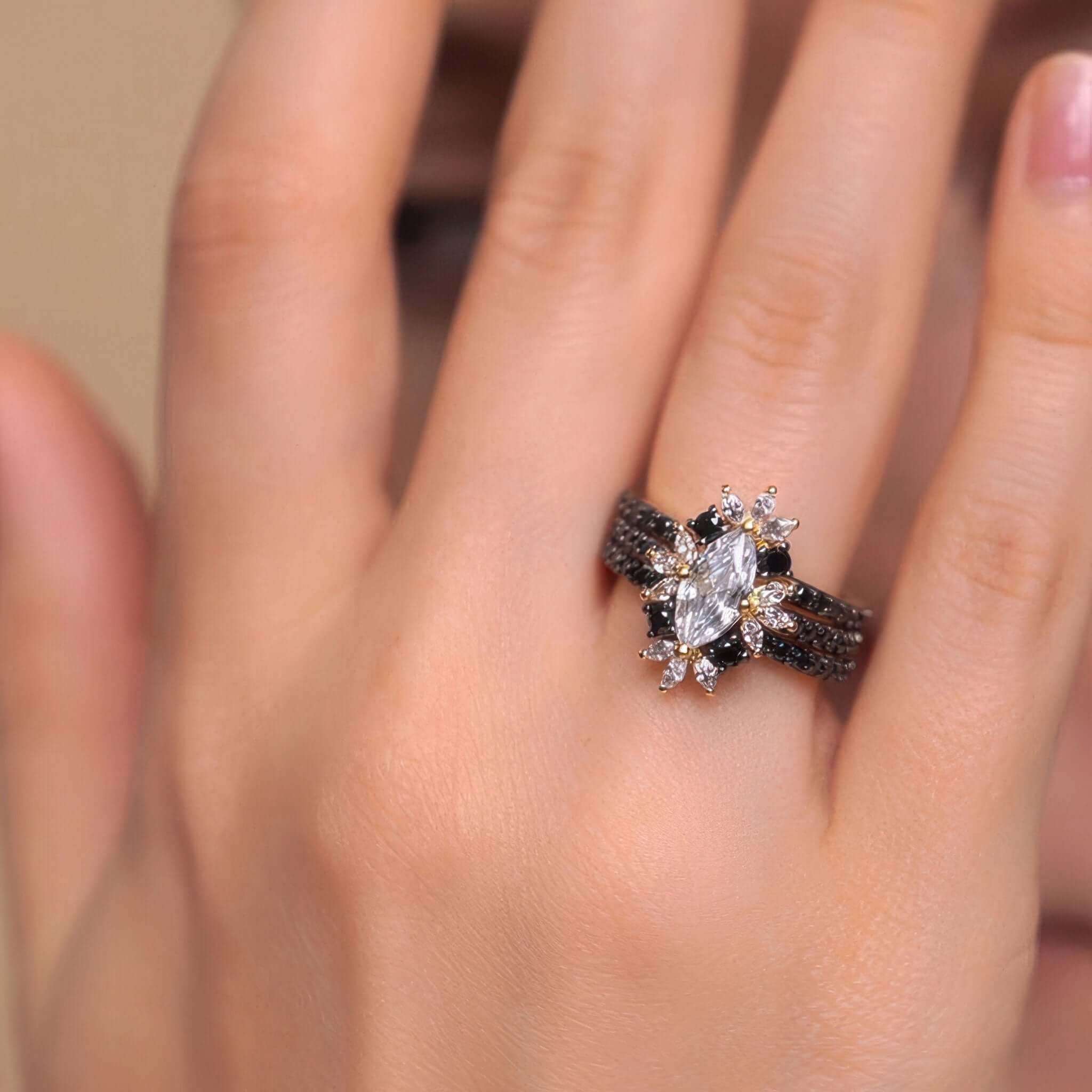 Marquise Black Diamond Accent Wedding Set With 2 Bands