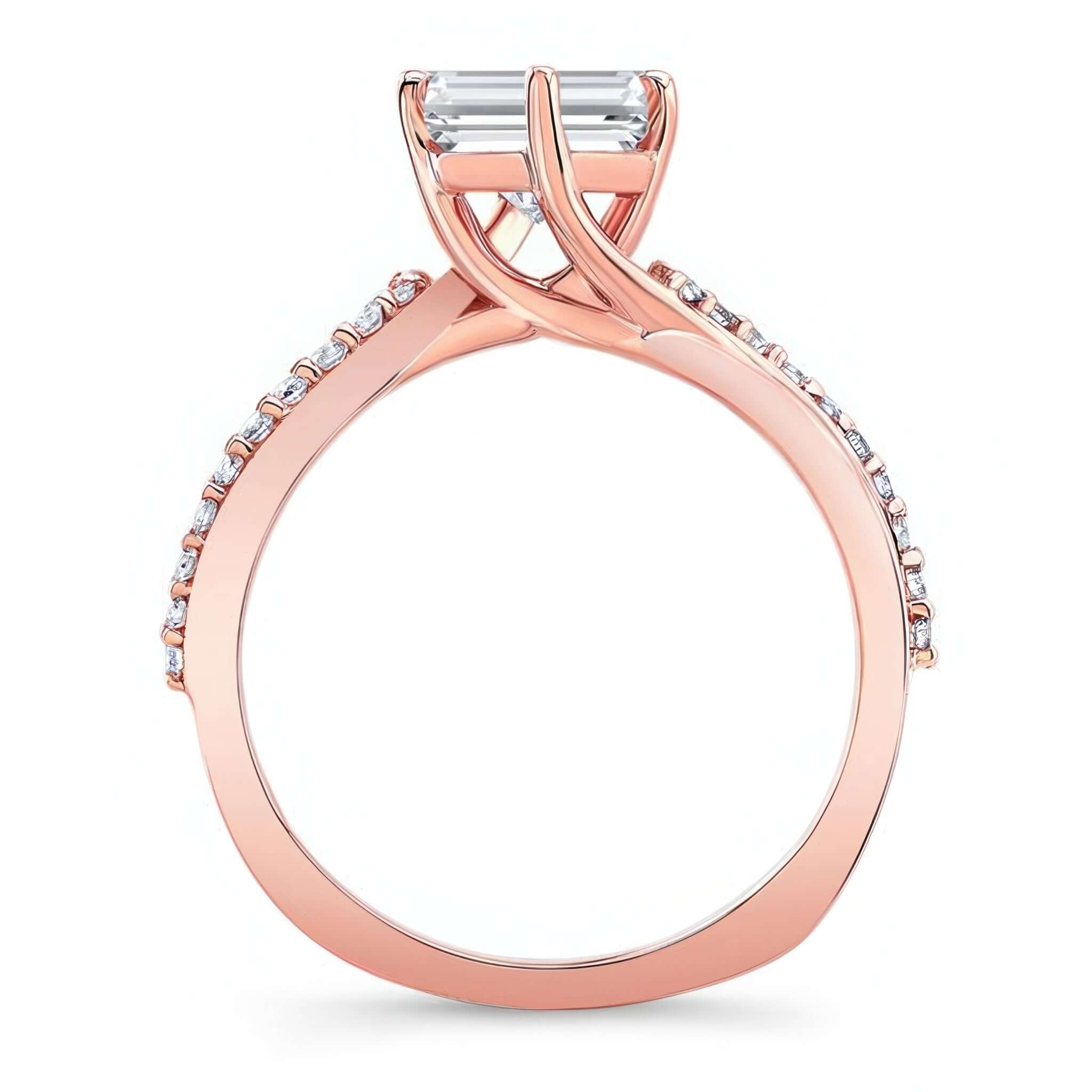 Asscher Cut Moissanite Twist Engagement Ring in rose gold with a twisted band and shimmering accents.