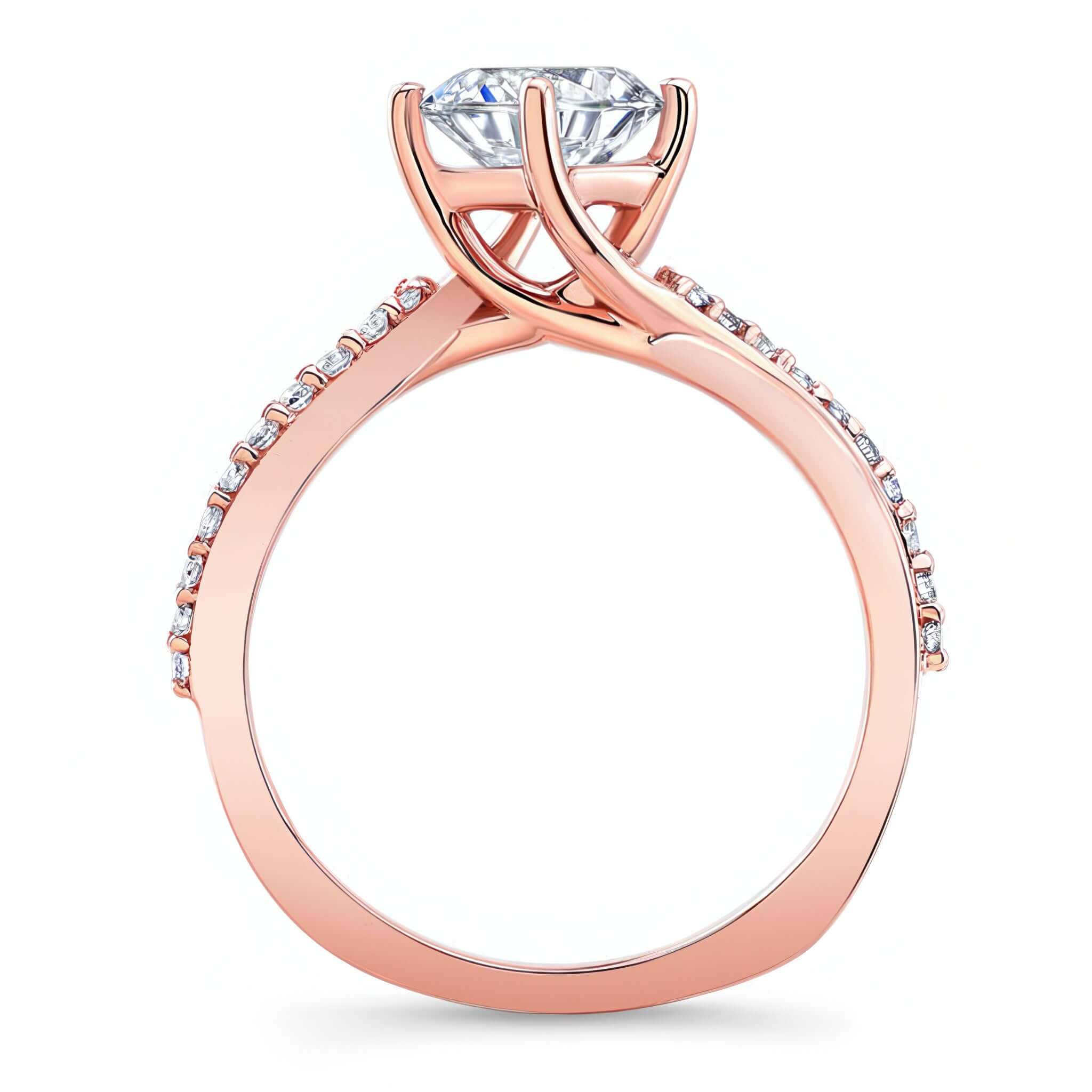 2 Carat Twisted Moissanite Engagement Ring in rose gold with a sparkling center stone and twisted band design.