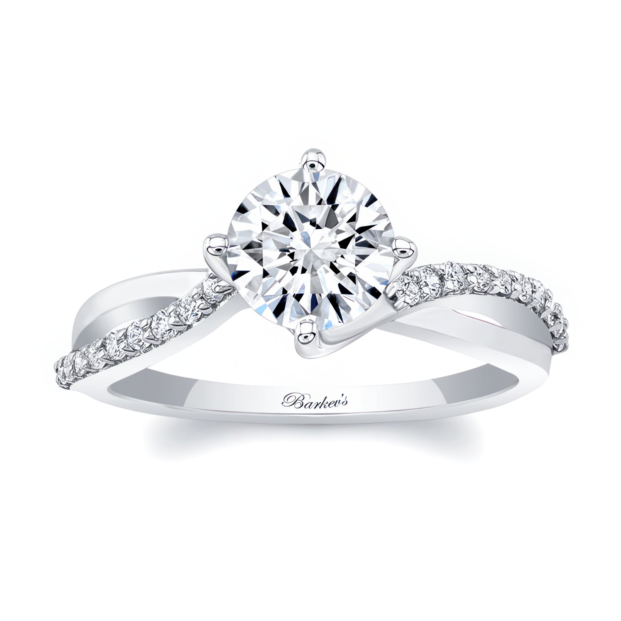 Twisted engagement ring with a round center stone and sparkling accent diamonds on a sleek band.
