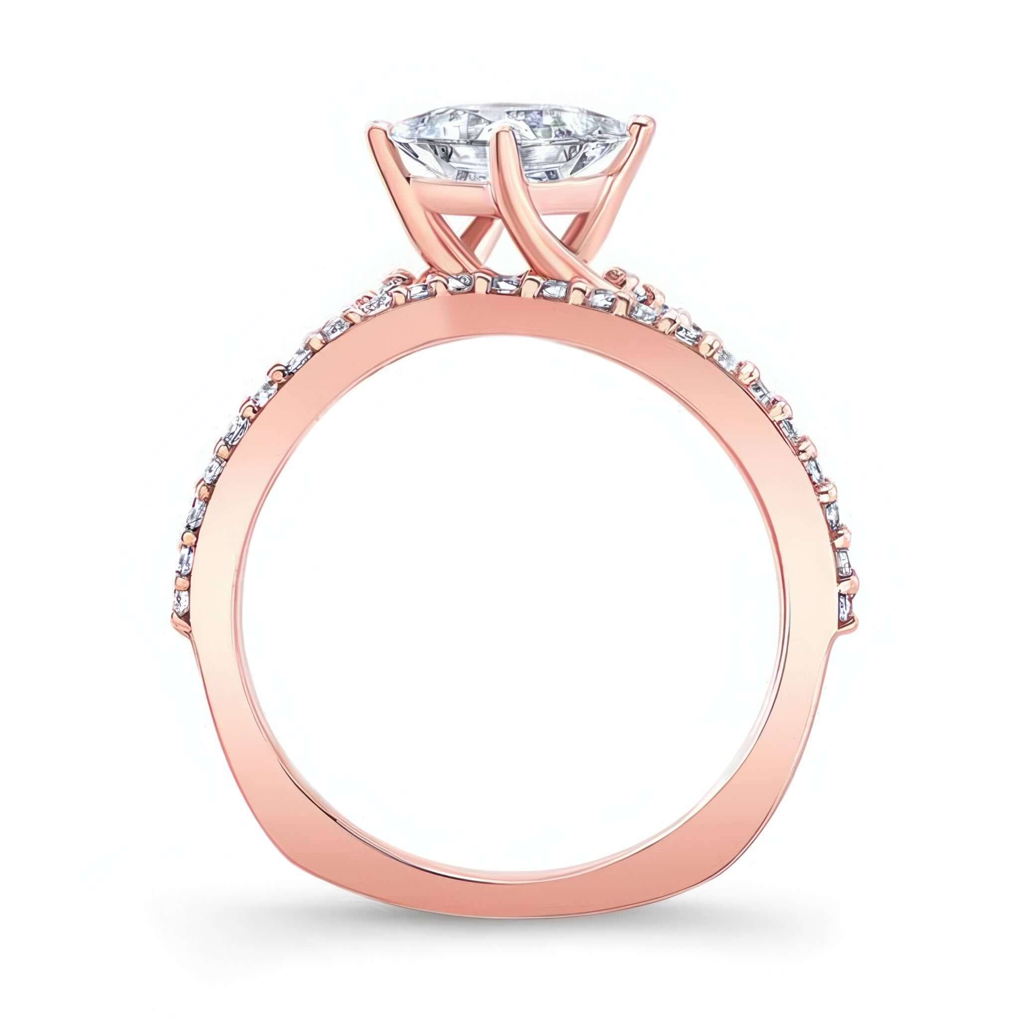 Twisted Bridal Set engagement ring with round center stone and artful twist design in rose gold.