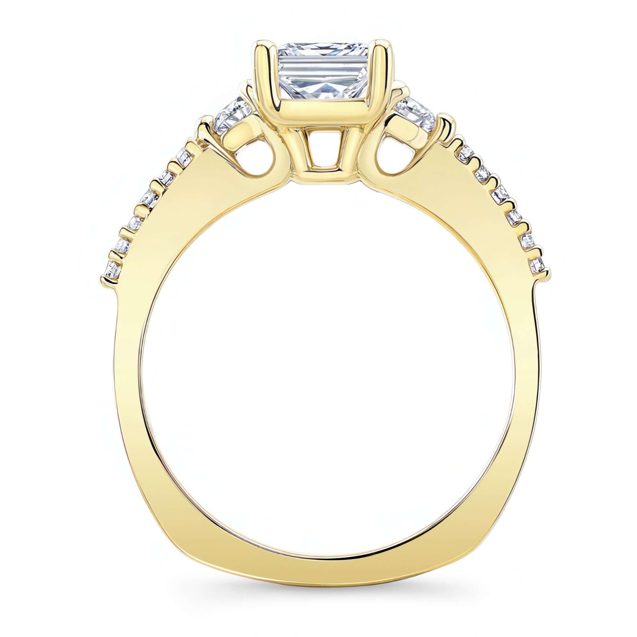 3 Stone Princess Cut Engagement Ring showcasing prong-set diamond center and diamond accents on a yellow gold band.