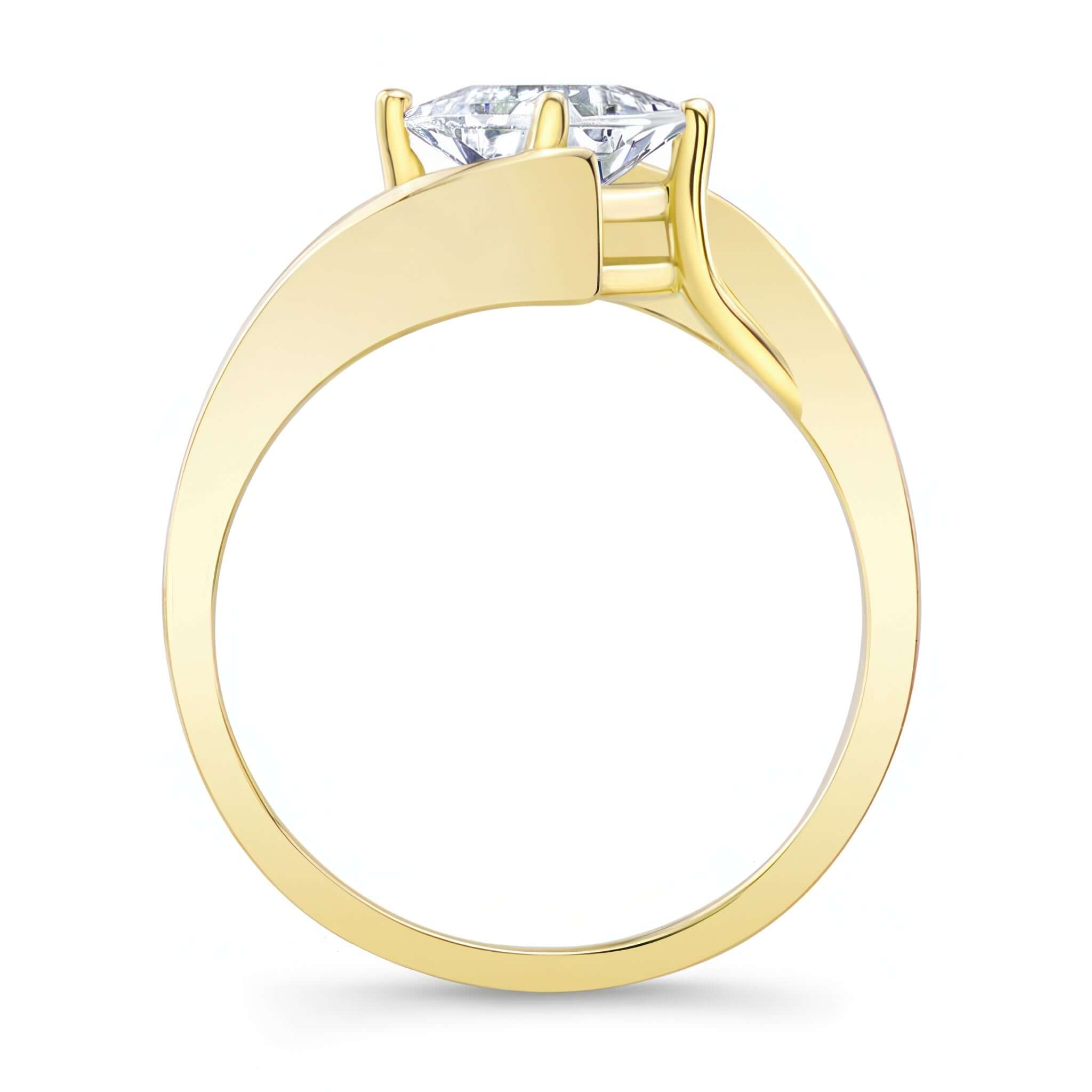 Bypass Princess Cut Lab Grown Diamond Solitaire Ring with sleek yellow gold band and protective prongs.