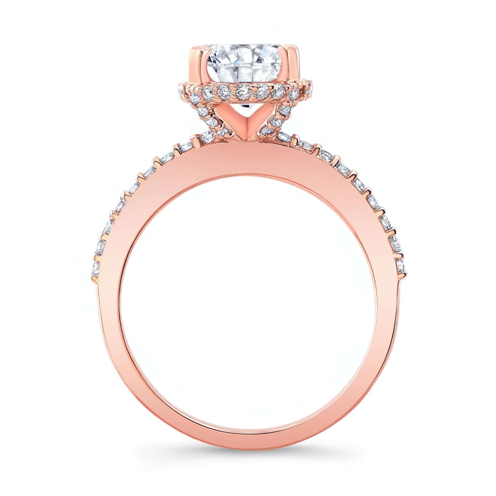 Hidden Halo Oval Engagement Ring with diamonds encircling and down the shank for elegant design.