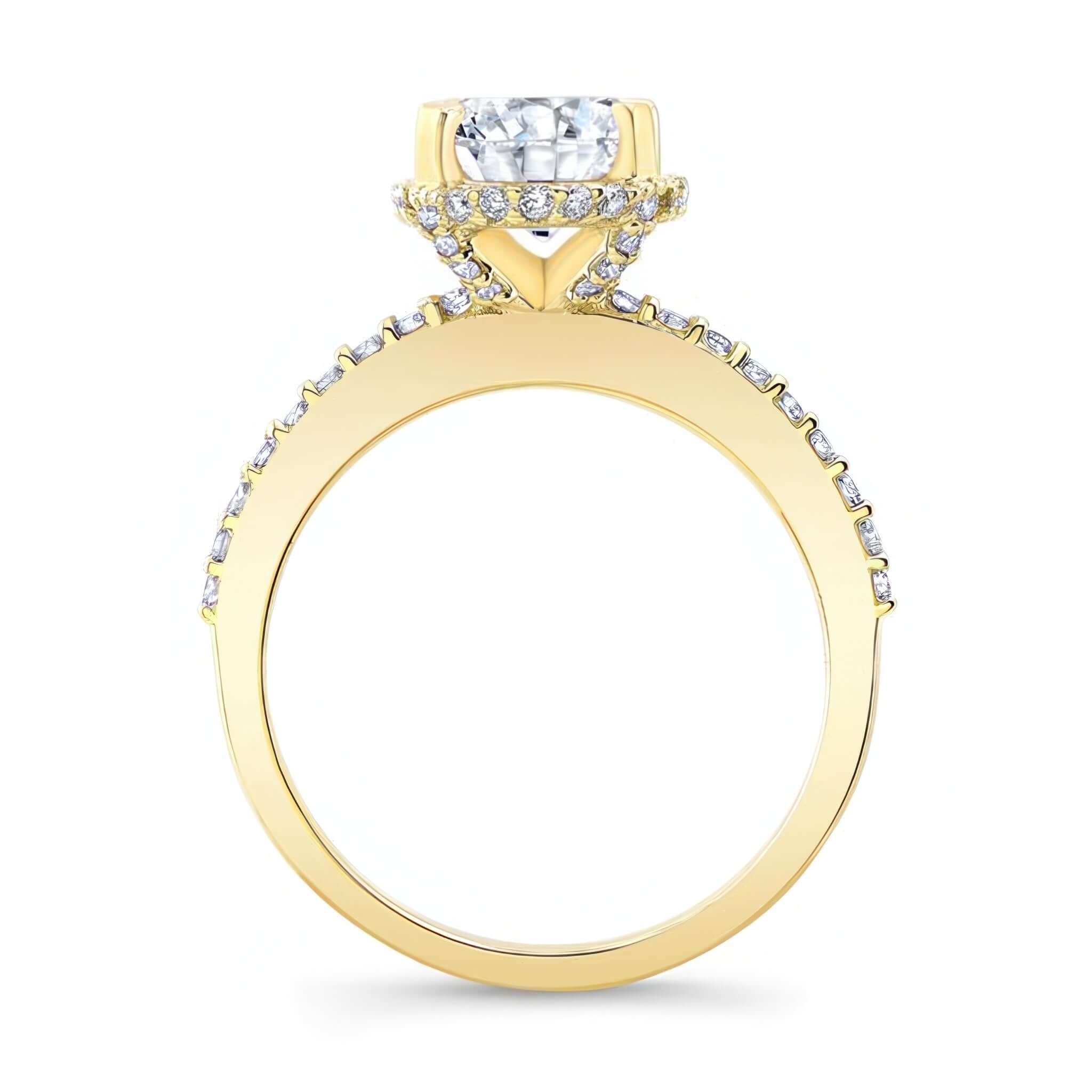 Hidden Halo Oval Engagement Ring featuring a stunning diamond halo and elegant gold shank.