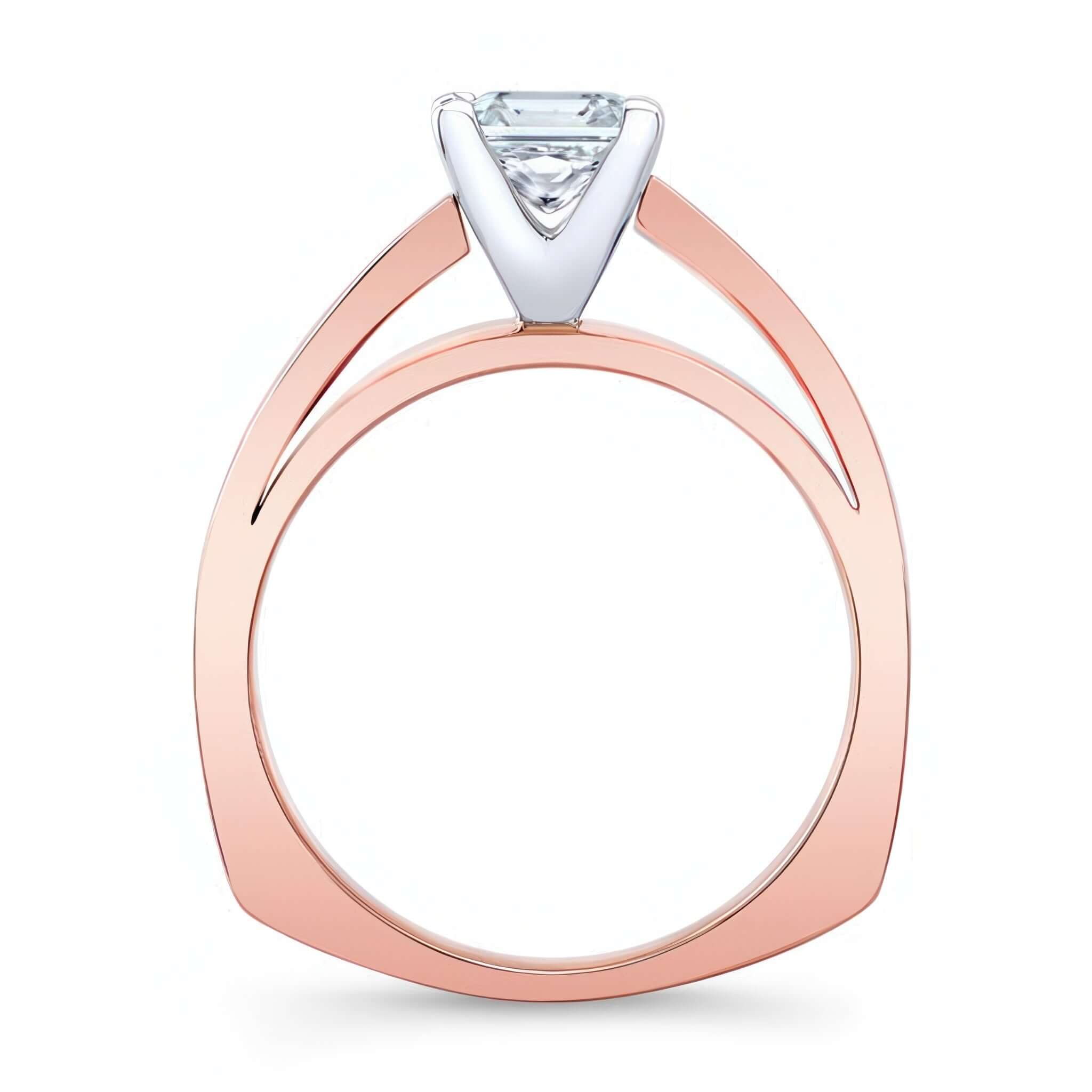 1 Carat Asscher Lab Diamond Solitaire ring with prong set asscher cut center and unique bridge design.