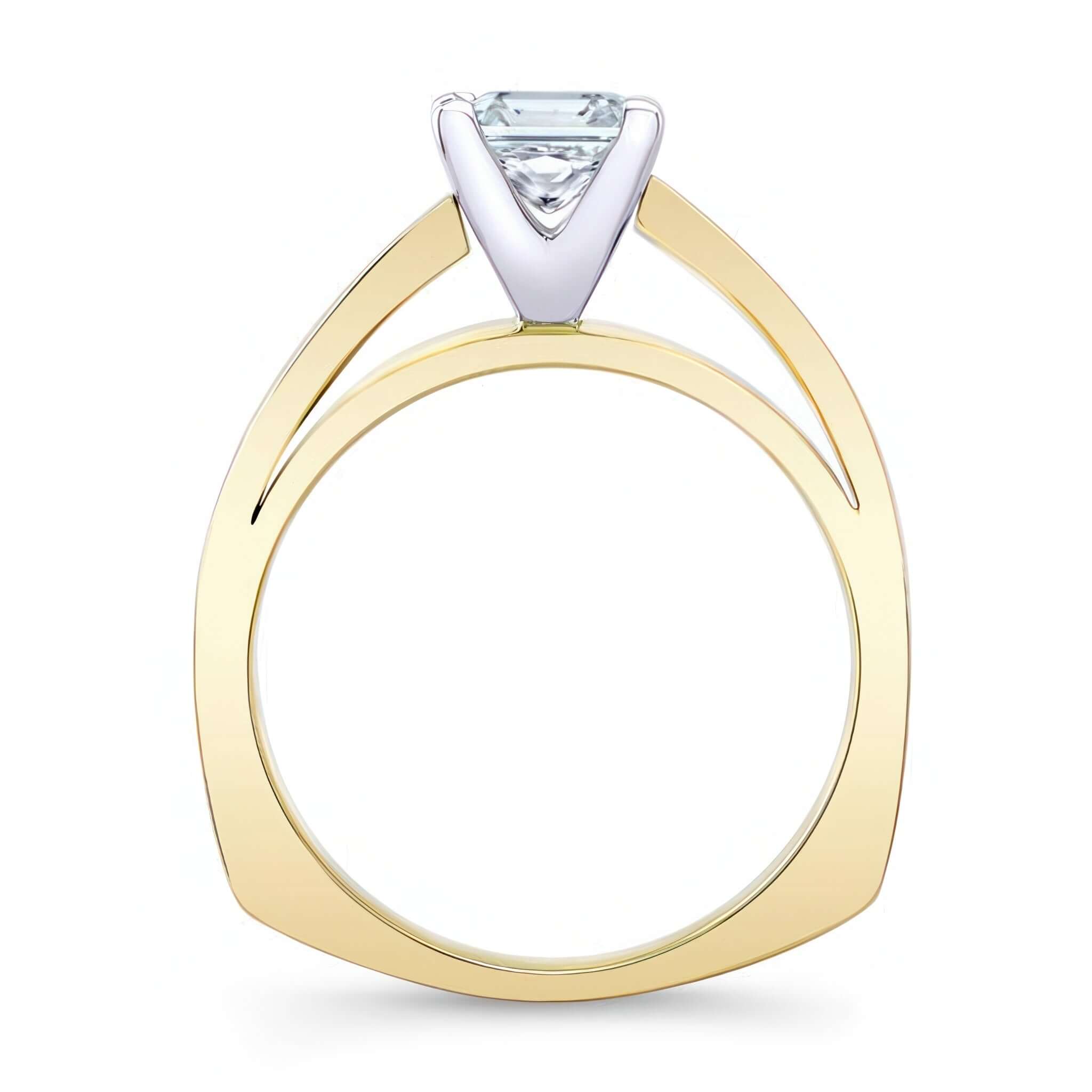 1 Carat Asscher Lab Diamond Solitaire ring with prong set asscher cut and wide shank.